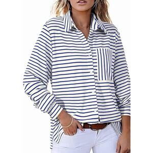 Astylish Women's Oversized Striped Button Down Shirt Navy/ White Small
